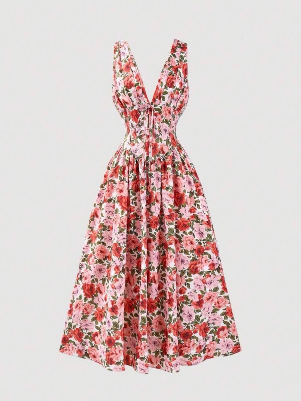 Floral V-Neck Pink and Red Midi Dress - Women